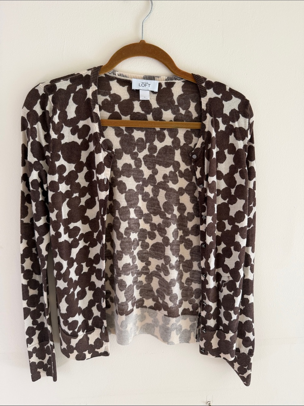 LOFT Brown and Cream Abstract Print Open Cardigan